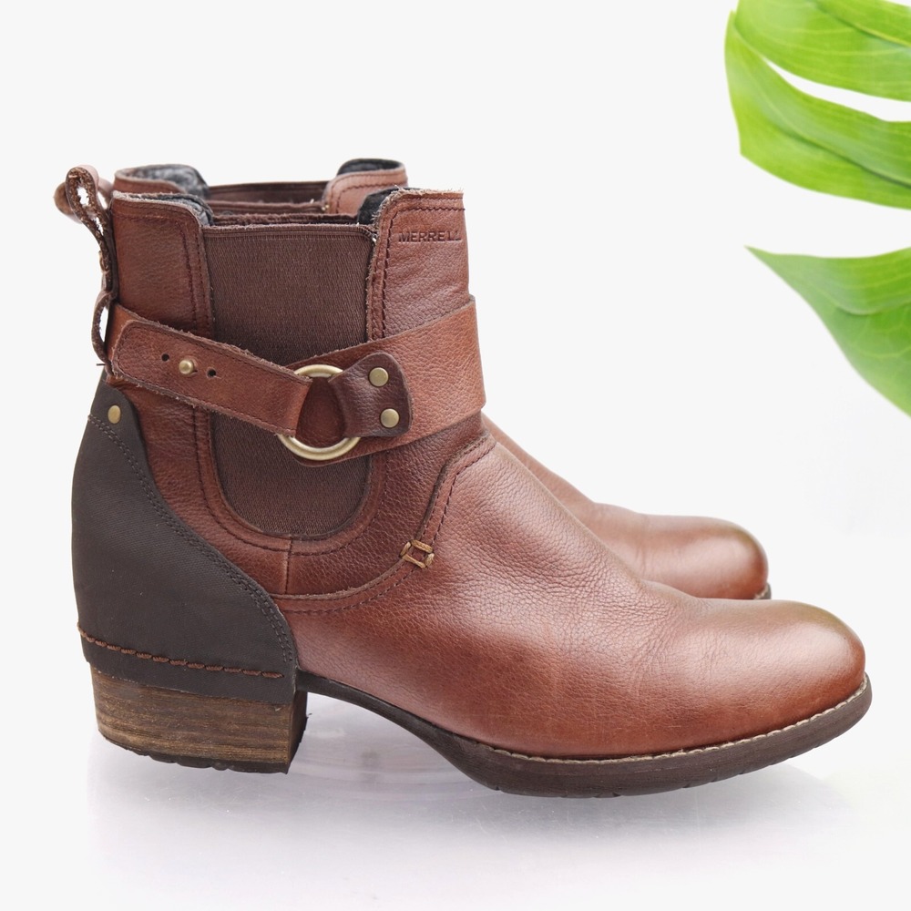 Merrell Womens Shiloh Pull Boot Size 9.5 Brown Leather Harness Heel Ankle Bootie